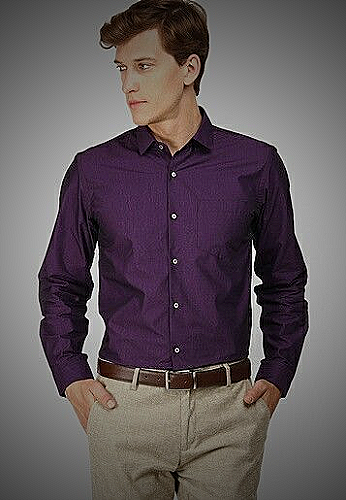 A man in a dark purple shirt and brown pants