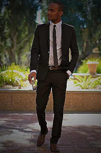 Black suit and brown shoes