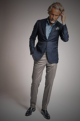 Navy blue blazer and grey pants example