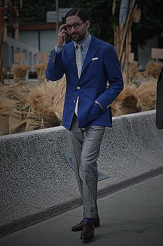 Blue Jacket Grey Pants Combination