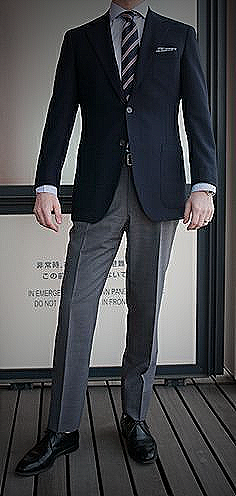 Blue blazer and grey pants outfit