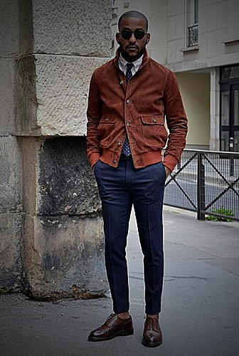 Different navy pants and brown shoe combinations