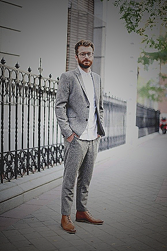 Gray suit and brown shoes