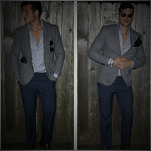 Grey Blazer With Blue Pants Image