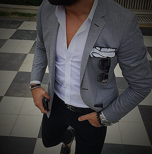 Grey blazer and black pants outfit