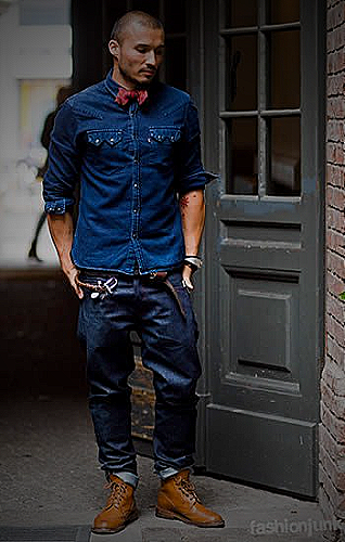 Grey wash jeans with navy blue shirt