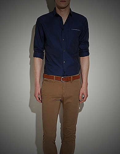 Khaki pants with navy blue shirt
