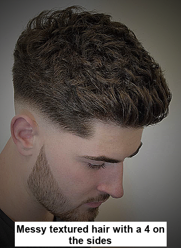 Messy textured hair with a 4 on the sides