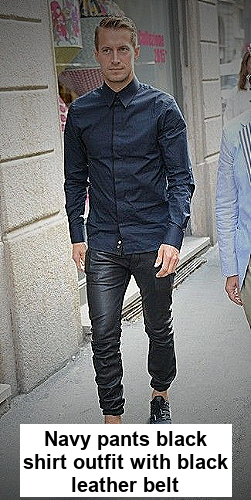 Navy pants black shirt outfit with black leather belt