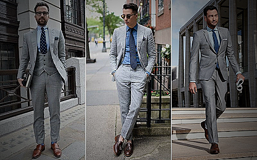Different types of shoes that can be paired with a grey suit and blue shirt