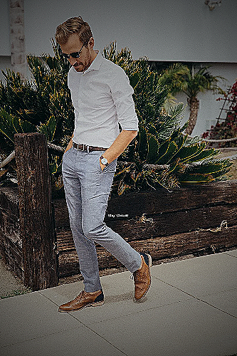 gray pants and brown shoes