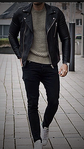 Black biker boots paired with dark jeans and leather jacket - how to style black boots men