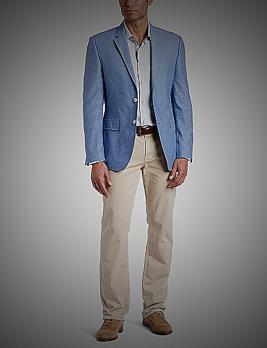 Blue pants with different colored sport coats