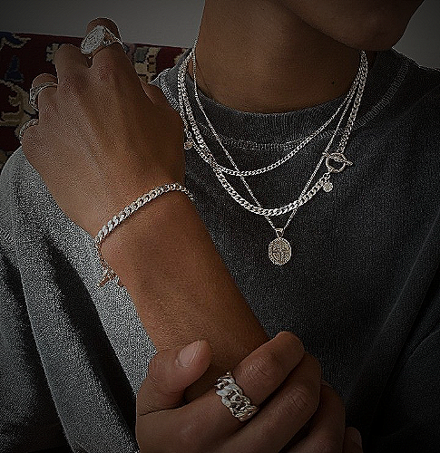 An image showcasing silver jewelry for men