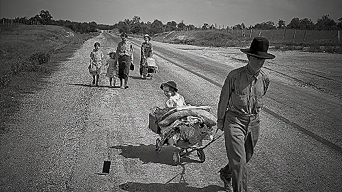 A depiction of workers in California during the Great Depression