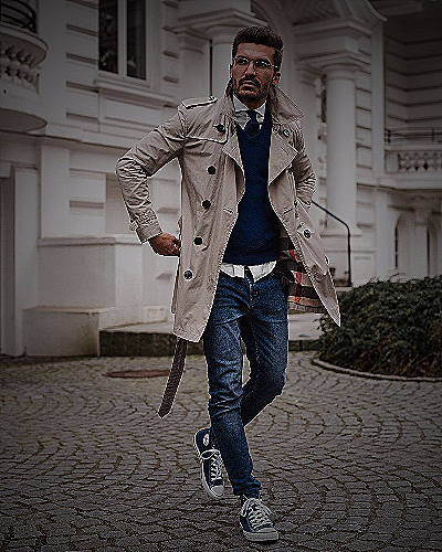 men's trench coat and jeans outfit - what to wear with trench coat mens